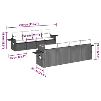 9-delige Loungeset met kussens poly rattan zwart
