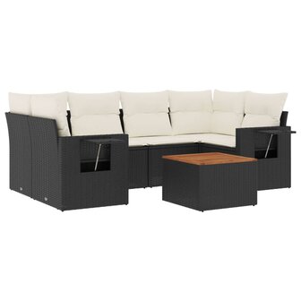 7-delige Loungeset met kussens poly rattan zwart