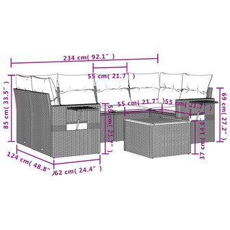 7-delige Loungeset met kussens poly rattan zwart