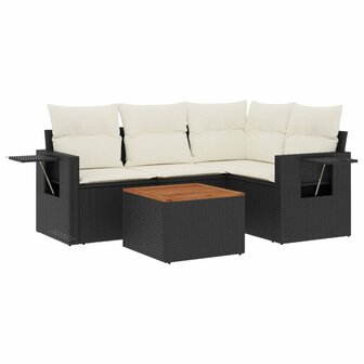 5-delige Loungeset met kussens poly rattan zwart