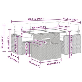 5-delige Loungeset met kussens poly rattan zwart