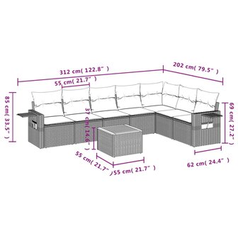 8-delige Loungeset met kussens poly rattan zwart