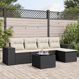 6-delige Loungeset met kussens poly rattan zwart