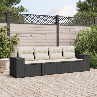 4-delige Loungeset met kussens poly rattan zwart