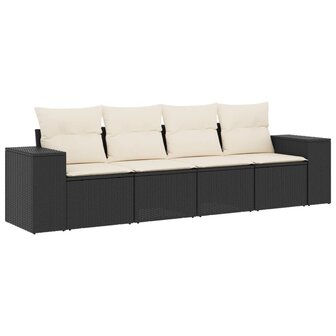 4-delige Loungeset met kussens poly rattan zwart