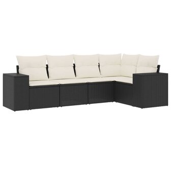 5-delige Loungeset met kussens poly rattan zwart