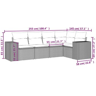 5-delige Loungeset met kussens poly rattan zwart