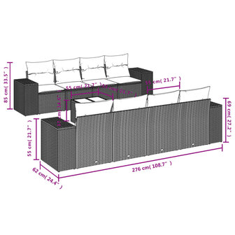 9-delige Loungeset met kussens poly rattan zwart
