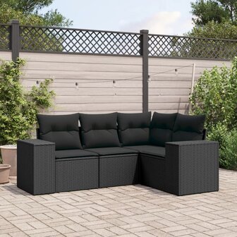4-delige Loungeset met kussens poly rattan zwart