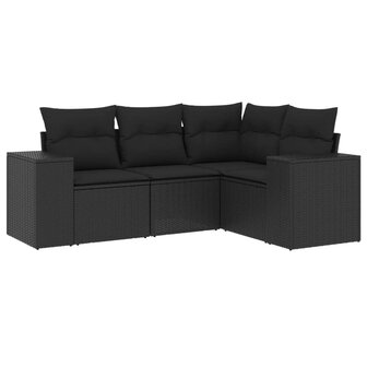 4-delige Loungeset met kussens poly rattan zwart