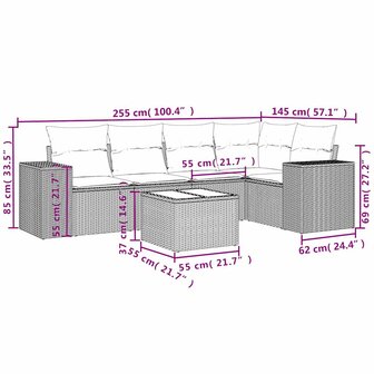 6-delige Loungeset met kussens poly rattan beige