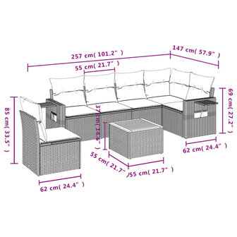 7-delige Loungeset met kussens poly rattan grijs