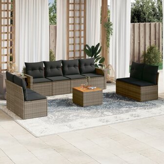 9-delige Loungeset met kussens poly rattan grijs