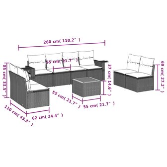 9-delige Loungeset met kussens poly rattan grijs