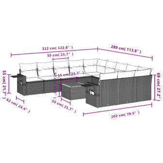 12-delige Loungeset met kussens poly rattan grijs