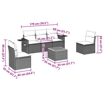 6-delige Loungeset met kussens poly rattan grijs