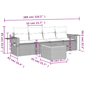 5-delige Loungeset met kussens poly rattan grijs