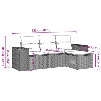 4-delige Loungeset met kussens poly rattan grijs
