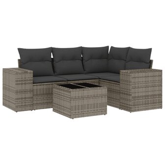 5-delige Loungeset met kussens poly rattan grijs