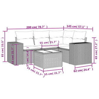 5-delige Loungeset met kussens poly rattan grijs