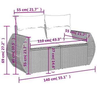 10-delige Loungeset met kussens poly rattan zwart