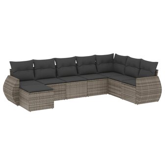 8-delige Loungeset met kussens poly rattan grijs
