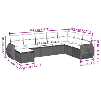 8-delige Loungeset met kussens poly rattan grijs