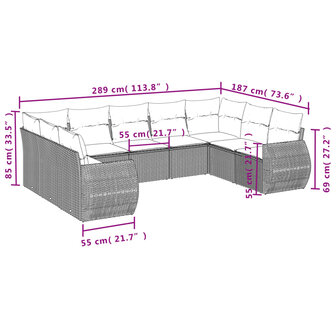9-delige Loungeset met kussens poly rattan grijs