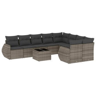 10-delige Loungeset met kussens poly rattan grijs