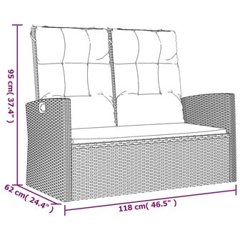 Tuinbank verstelbaar met kussens 118 cm poly rattan zwart