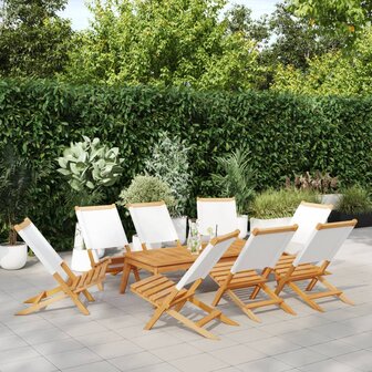 Tuinstoelen 8 st inklapbaar massief hout en stof cr&egrave;mewit