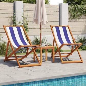 Strandstroelen 2st inklapbaar stof en massief hout blauw en wit