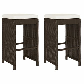 Tuinbarkrukken 2 st met kussens poly rattan bruin