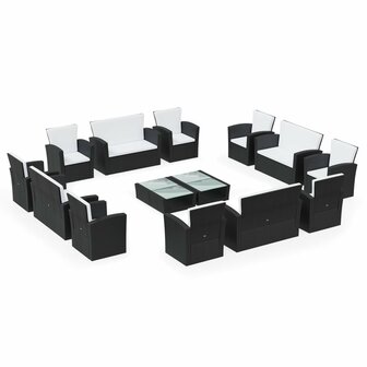 16-delige Loungeset met kussens poly rattan zwart