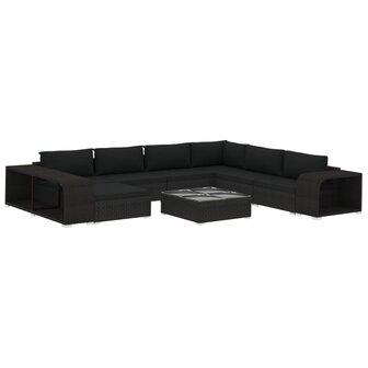 10-delige Loungeset met kussens poly rattan zwart