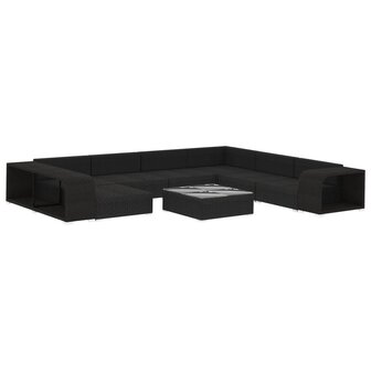 10-delige Loungeset met kussens poly rattan zwart