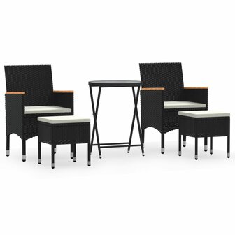 5-delige Bistroset poly rattan en gehard glas zwart