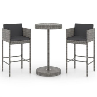 3-delige Tuinbarset met kussens poly rattan grijs