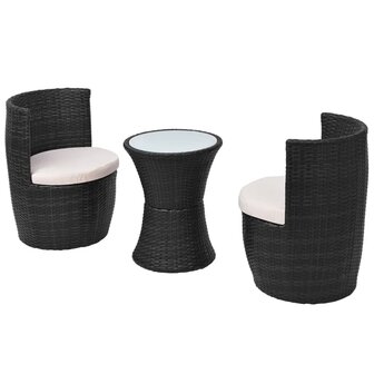 3-delige Bistroset met kussens poly rattan zwart
