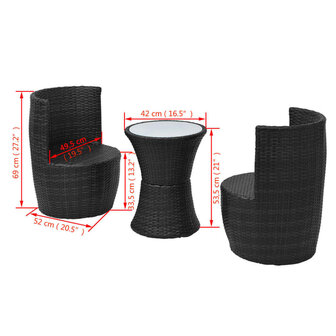 3-delige Bistroset met kussens poly rattan zwart