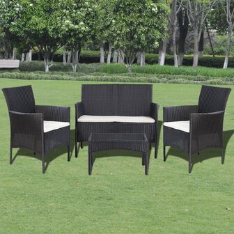 4-delige Loungeset met kussens poly rattan zwart