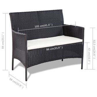 4-delige Loungeset met kussens poly rattan zwart