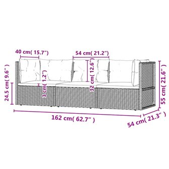 3-delige Loungeset met kussens poly rattan grijs