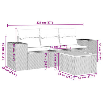 4-delige Loungeset met kussens poly rattan zwart