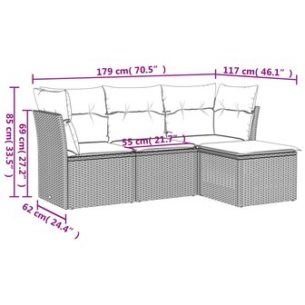 4-delige Loungeset met kussens poly rattan zwart