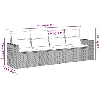 4-delige Loungeset met kussens poly rattan grijs