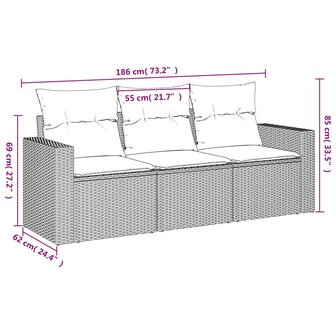 3-delige Loungeset met kussens poly rattan zwart