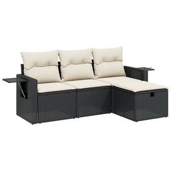 4-delige Loungeset met kussens poly rattan zwart