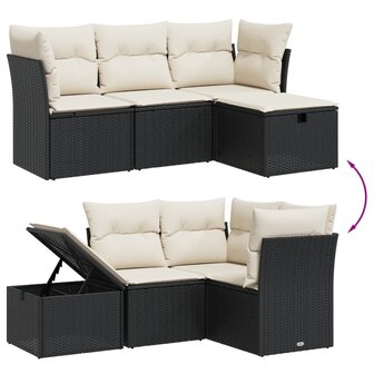 4-delige Loungeset met kussens poly rattan zwart