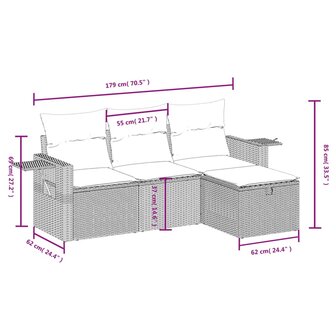 4-delige Loungeset met kussens poly rattan zwart